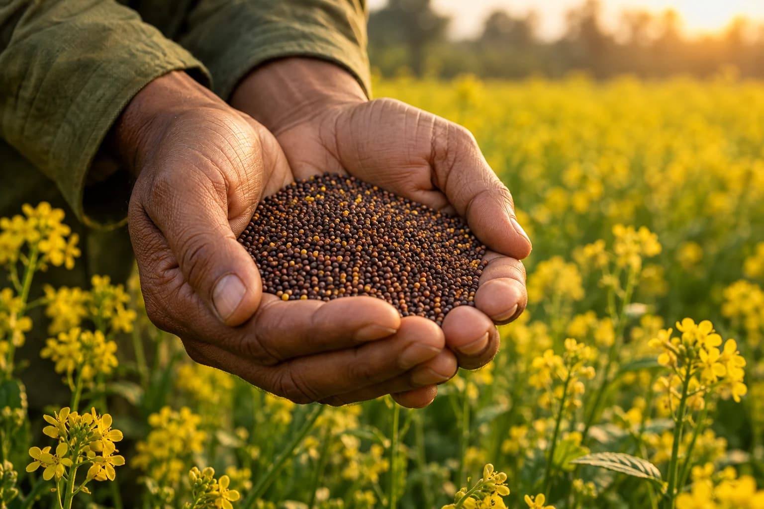 Cupped hands holding mustard seeds against a softly lit field.