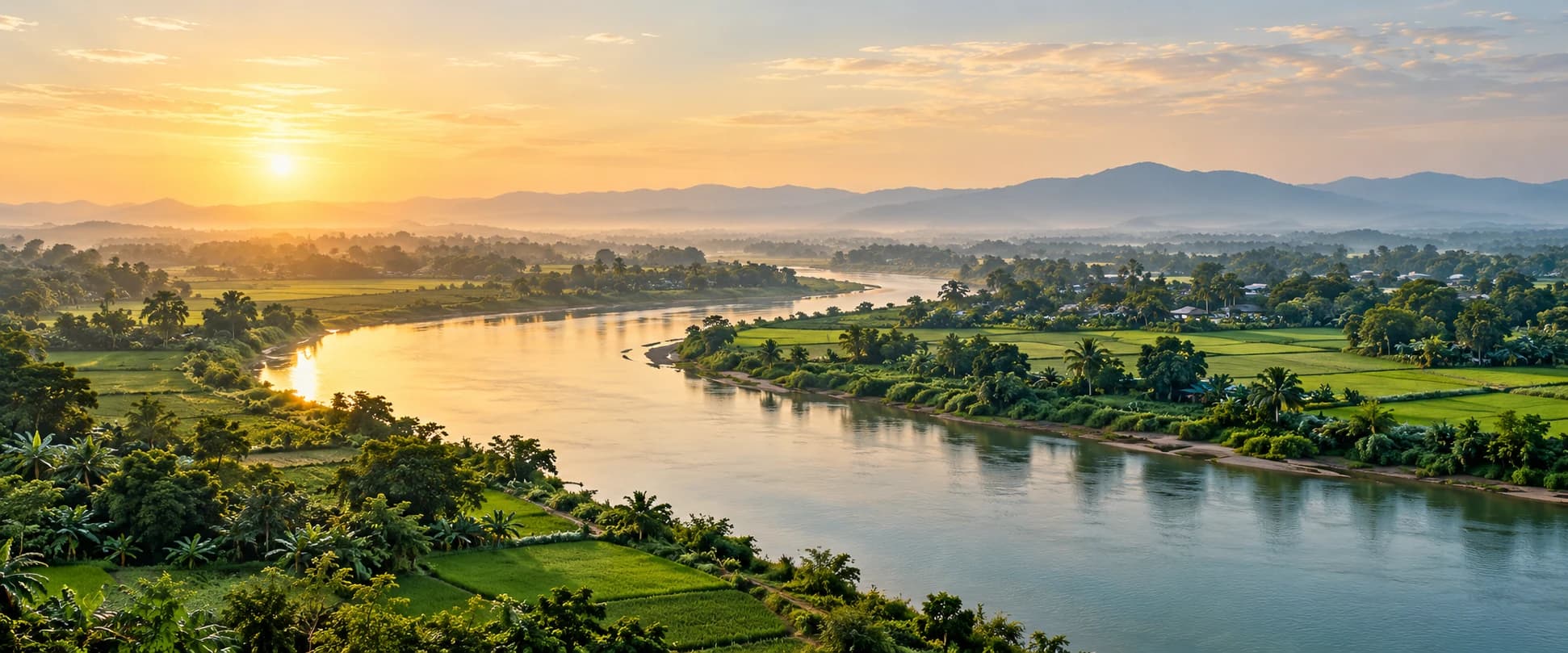 A winding river framed by green fields and distant trees in a countryside landscape.