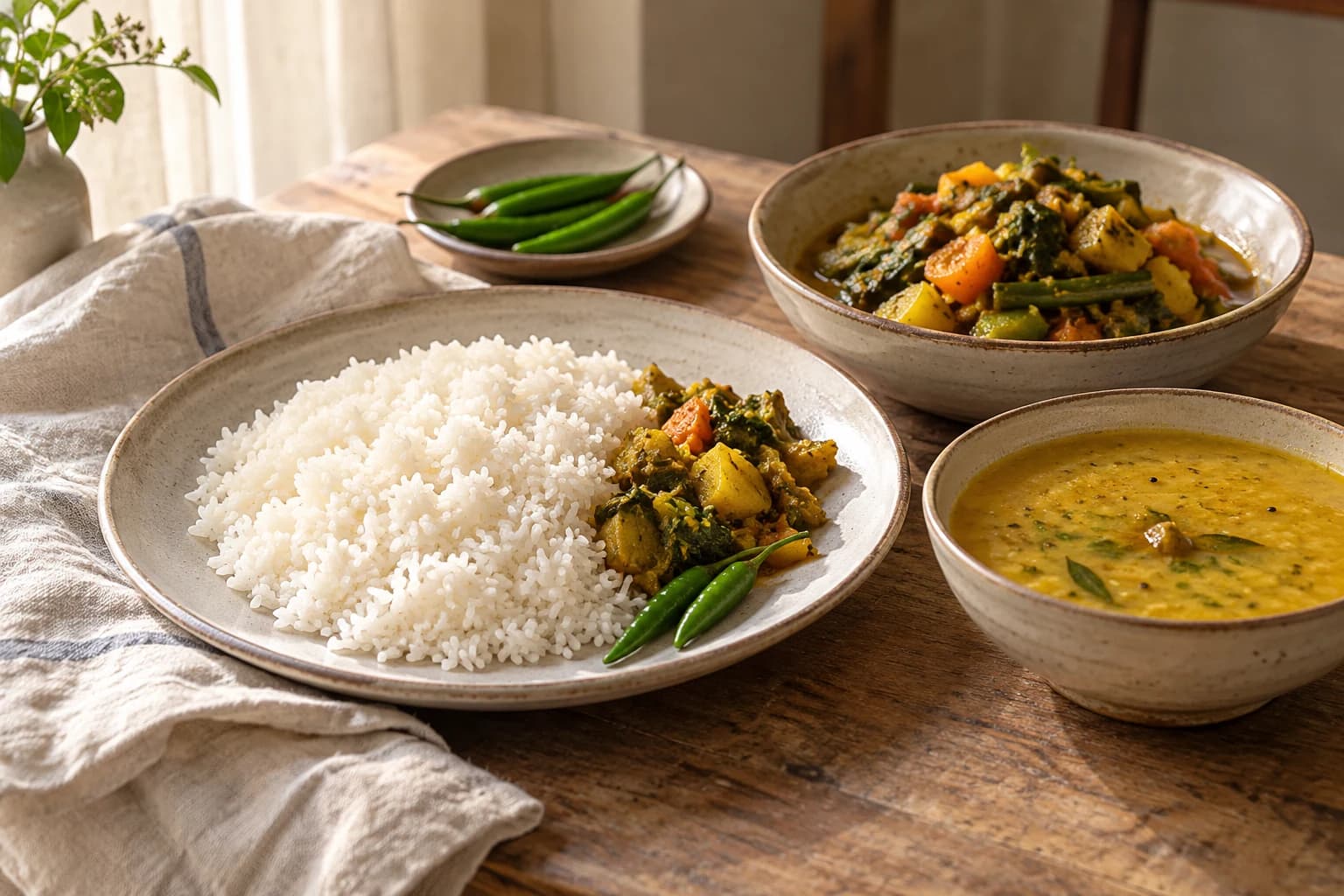 Rice, lentils and vegetable curry set on a warm, inviting table.